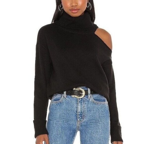 1.STATE Sweater Size XXL Cold Shoulder Turtleneck Black Cut Out Cable Knit - Picture 1 of 9